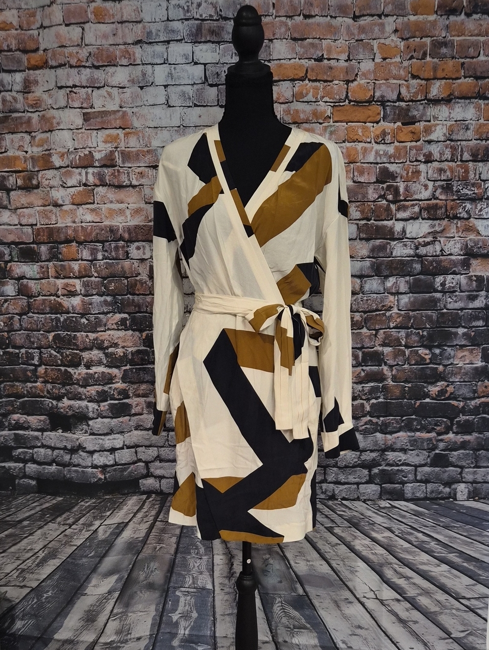 Diane Von Furstenberg Ethyl Wrap Dress with Black and Brown Geometric Print
